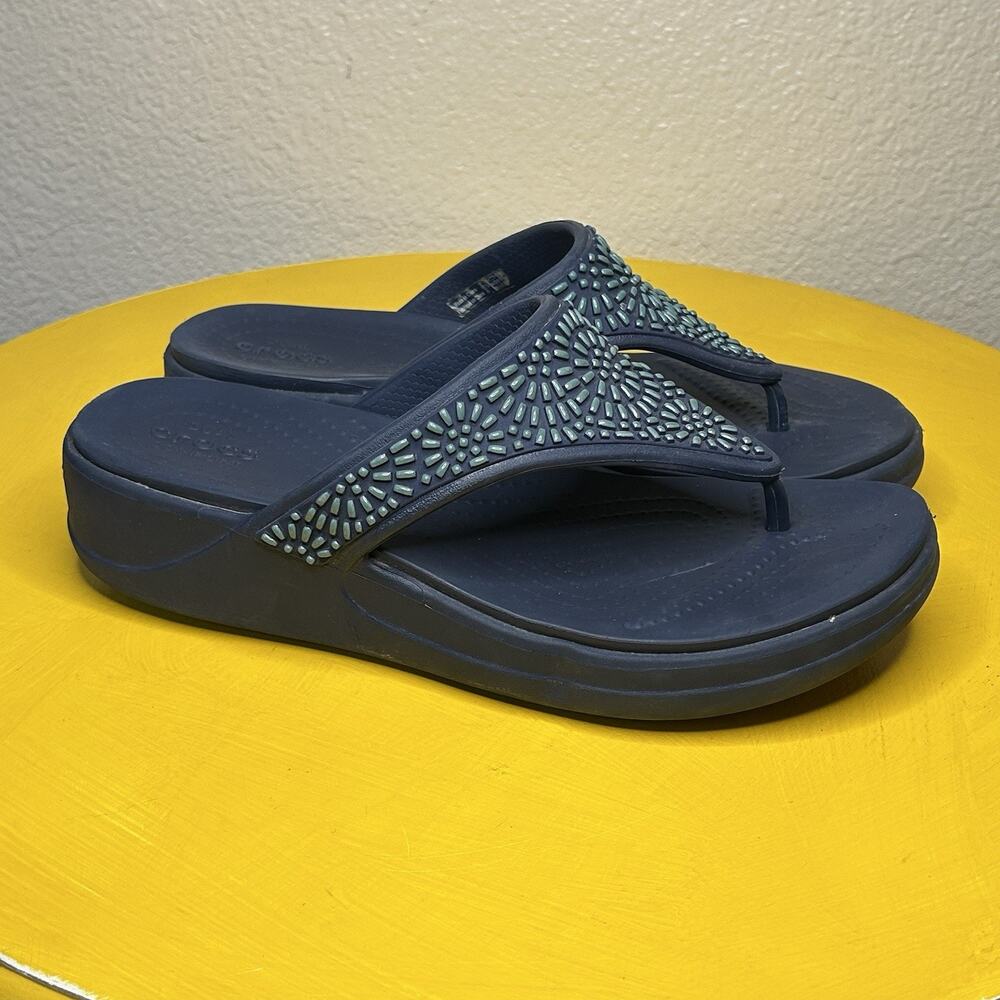 Crocs Monterey Womens 7 Sandals Blue Beaded Casual Comfort Boho Wedge Flip Flop